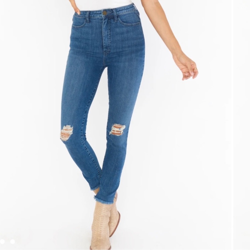 Show Me Your Mumu Blue Denim Distressed SoHo Zipup Skinnies Jeans